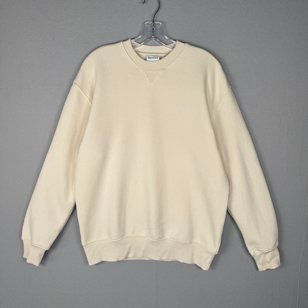 BERSHKA Crew Neck Sweatshirt‎ Solid Cream S Fleece Lined Pullover Streetwear
